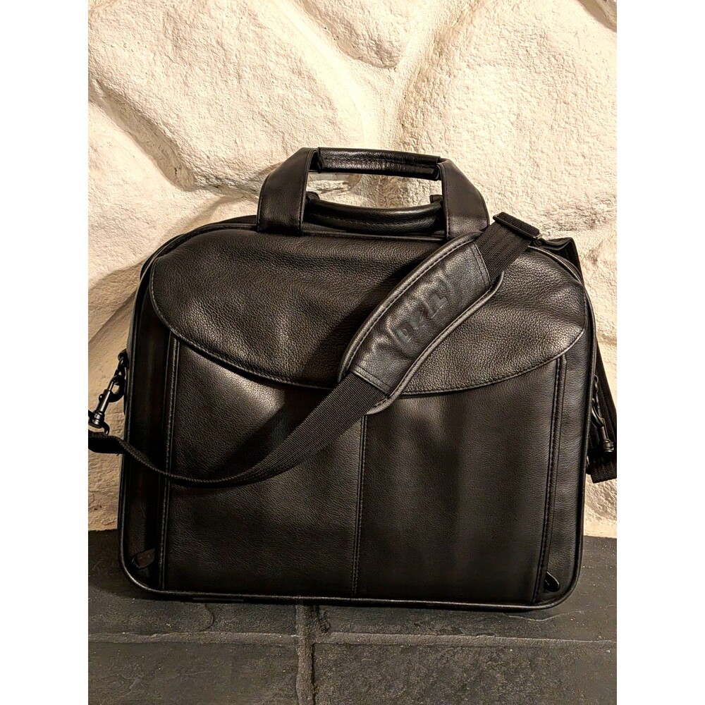 Dell 15in Laptop Briefcase, Black Leather Padded Case w/ Partitions & Strap
